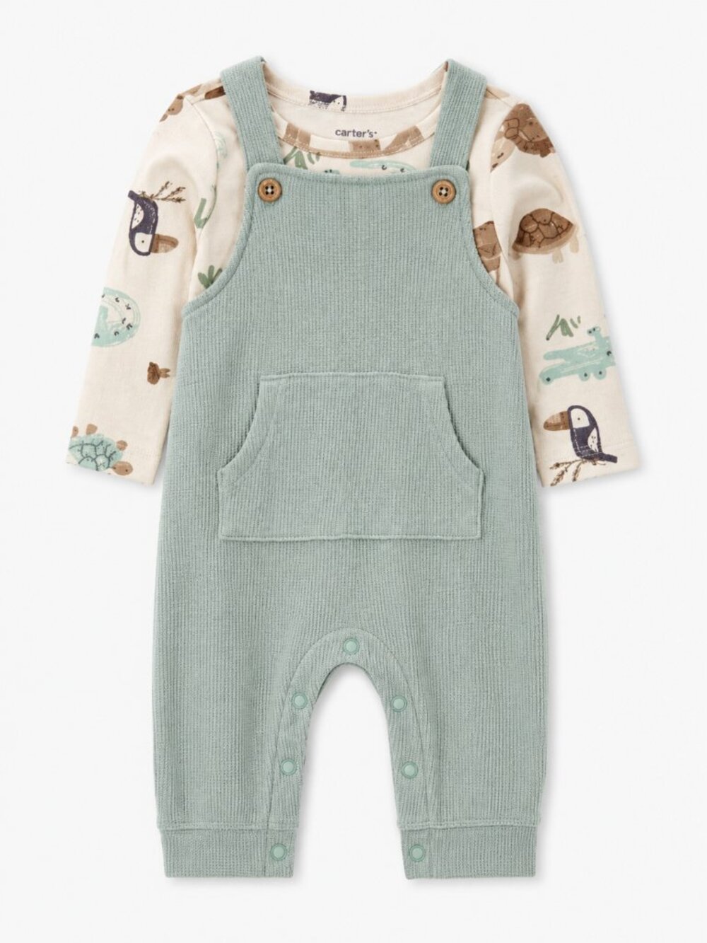 NWT Carter’s Baby Boy Outfit 12 Months Green Overalls Animal Print Shirt 2PC Set